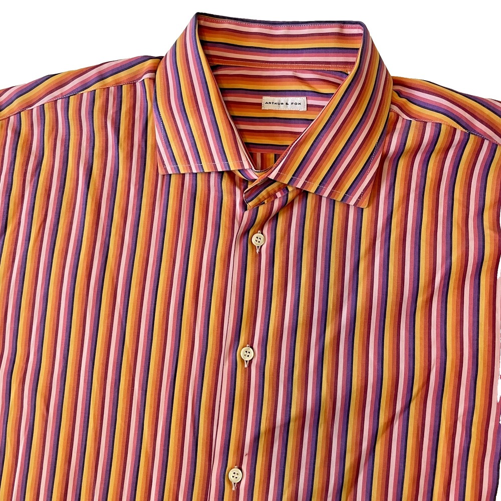 Arthur & Fox Mens Long Sleeve Orange Striped‎ Buttoned Shirt, Size 44 / US XL
